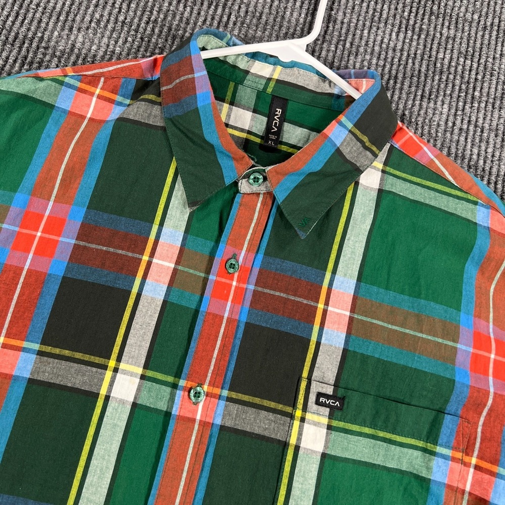 RVCA Shirt Mens XL Extra Large Green Plaid Long Sleeve Button Up Casual Light